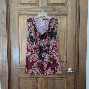 Women's Roz & Ali Cowl Neck Shell Blouse in a Navy, Red & Cream Print. Size Lg